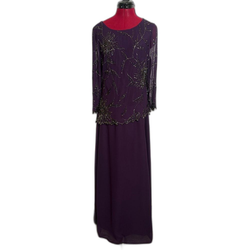 J Kara Maxi Dress Women's Size 12 Purple  3/4 Sleeves Beaded Design